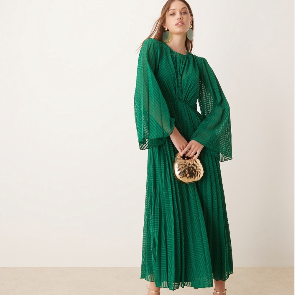 ASOS DESIGN tie back fluted sleeve pleated chevron chiffon midi dress in green